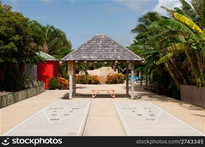 outdoor shuffleboard court in a tropical resort (gorgeous flora and sky)