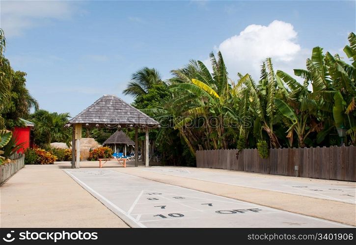 outdoor shuffleboard court in a tropical resort (gorgeous flora and sky)