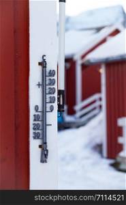 outdoor thermometer on a wooden house