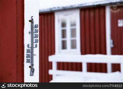 outdoor thermometer on a wooden house