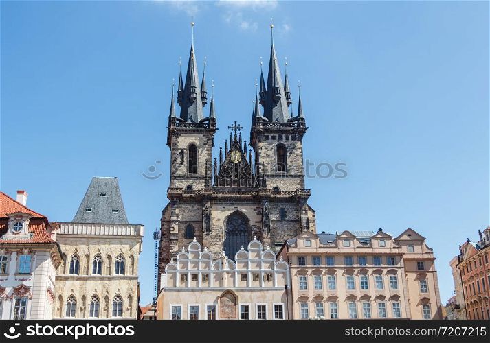 Outdoors of Our Lady of Tyn church in the center of Prague