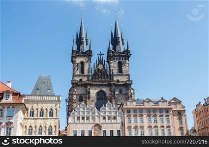 Outdoors of Our Lady of Tyn church in the center of Prague
