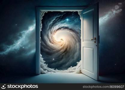 Outer space in dark room. Many stars and blue nebula behind door with glass. Abstract image of mind, dreams. Neural network AI generated art. Outer space in dark room. Many stars and blue nebula behind door with glass. Abstract image of mind, dreams. Neural network AI generated