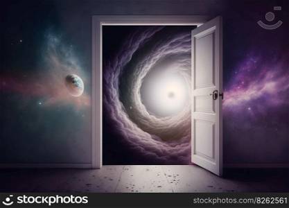 Outer space in dark room. Many stars and blue nebula behind door with glass. Abstract image of mind, dreams. Neural network AI generated art. Outer space in dark room. Many stars and blue nebula behind door with glass. Abstract image of mind, dreams. Neural network AI generated