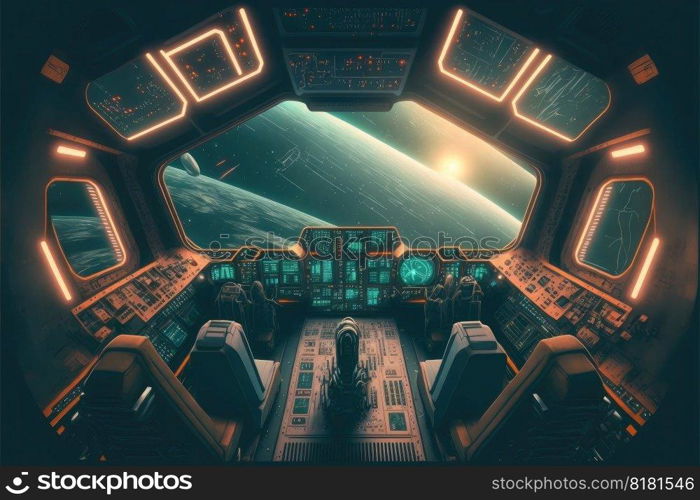 Outer view of cockpit spaceship window with control system room. Abstract discover new planet in space. Finest generative AI.. Outer view of cockpit spaceship window with control system room.