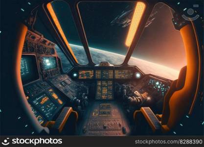 Outer view of cockpit spaceship window with control system room. Abstract discover new planet in space. Finest generative AI.. Outer view of cockpit spaceship window with control system room.
