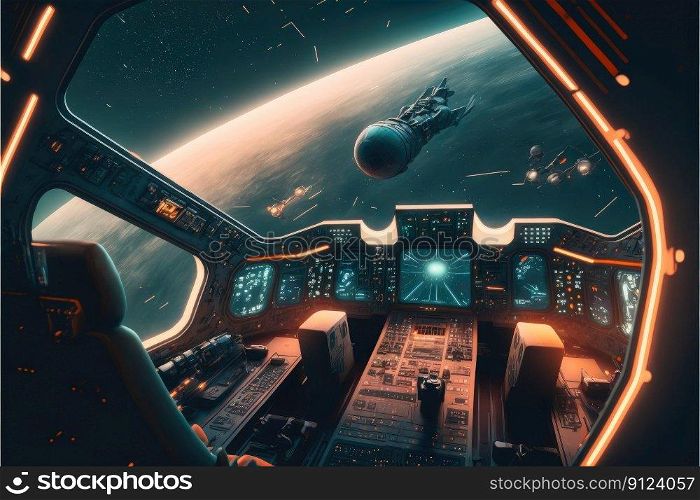 Outer view of cockpit spaceship window with control system room. Abstract discover new planet in space. Finest generative AI.. Outer view of cockpit spaceship window with control system room.