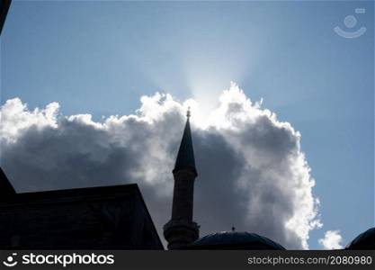 Outer view of Minaret of a mosque. Travel to Turkey concept