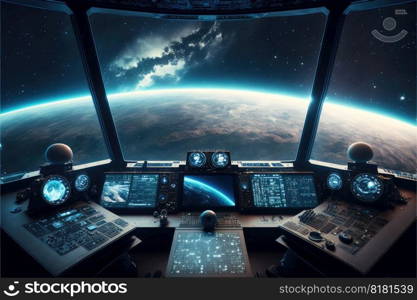 Outer view of spaceship window with control system room. Abstract discover new planet in space. Finest generative AI.. Outer view of spaceship window with control system room.