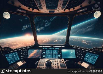 Outer view of spaceship window with control system room. Abstract discover new planet in space. Finest generative AI.. Outer view of spaceship window with control system room.
