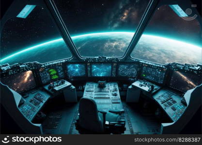 Outer view of spaceship window with control system room. Abstract discover new planet in space. Finest generative AI.. Outer view of spaceship window with control system room.