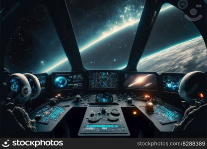 Outer view of spaceship window with control system room. Abstract discover new planet in space. Finest generative AI.. Outer view of spaceship window with control system room.