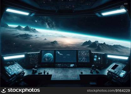 Outer view of spaceship window with control system room. Abstract discover new planet in space. Finest generative AI.. Outer view of spaceship window with control system room.