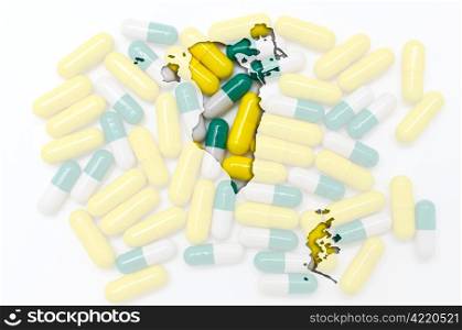 Outline bahrain map with transparent background of capsules symbolizing pharmacy and medicine