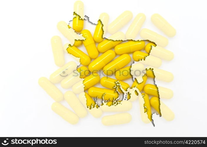 Outline bangladesh map with transparent background of capsules symbolizing pharmacy and medicine