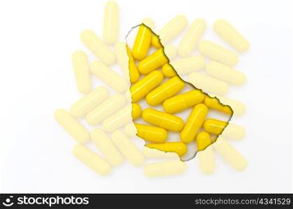 Outline barbados map with transparent background of capsules symbolizing pharmacy and medicine