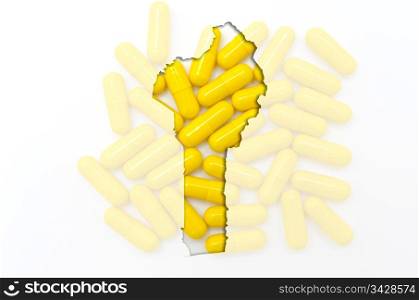 Outline benin map with transparent background of capsules symbolizing pharmacy and medicine