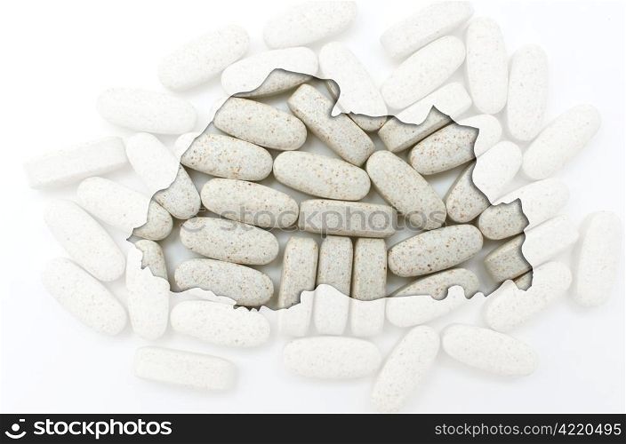 Outline bhutan map with transparent background of capsules symbolizing pharmacy and medicine