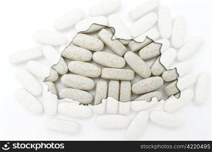 Outline bhutan map with transparent background of capsules symbolizing pharmacy and medicine