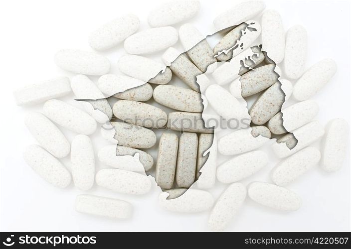 Outline brunei map with transparent background of capsules symbolizing pharmacy and medicine
