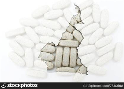 Outline cameroon map with transparent background of capsules symbolizing pharmacy and medicine