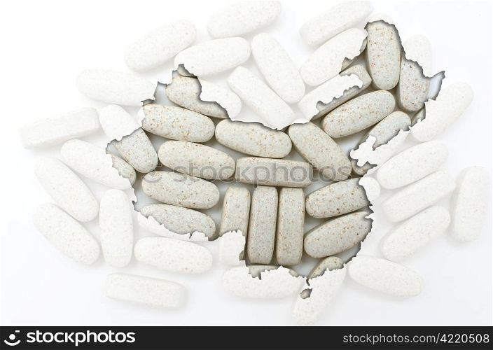 Outline china map with transparent background of capsules symbolizing pharmacy and medicine