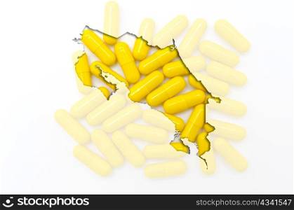 Outline costa rica map with transparent background of capsules symbolizing pharmacy and medicine