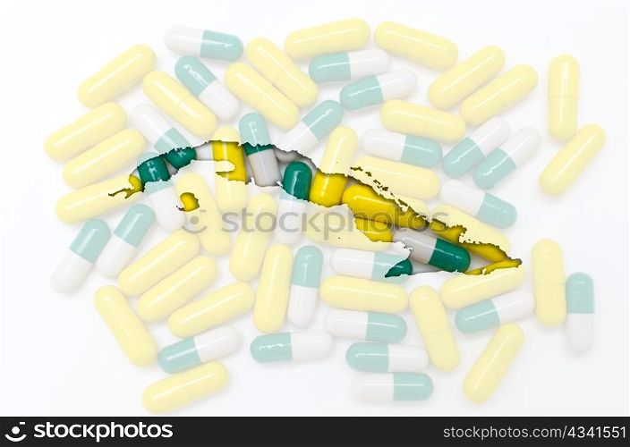 Outline cuba map with transparent background of capsules symbolizing pharmacy and medicine