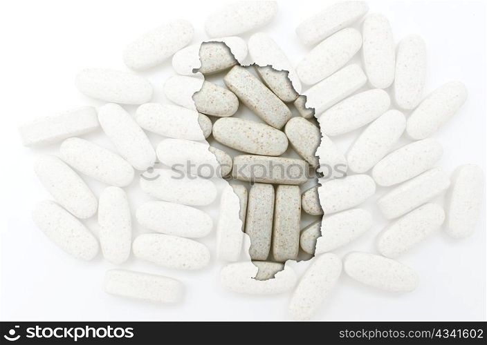 Outline dominica map with transparent background of capsules symbolizing pharmacy and medicine