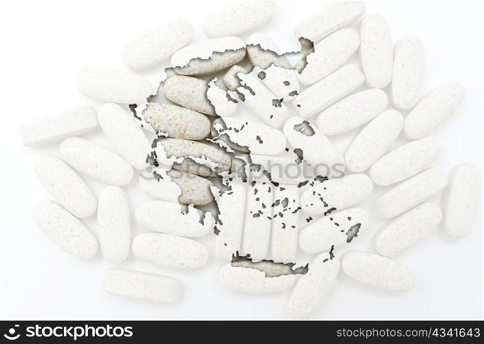 Outline greece map with transparent background of capsules symbolizing pharmacy and medicine