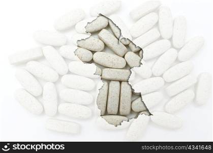 Outline guyana map with transparent background of capsules symbolizing pharmacy and medicine