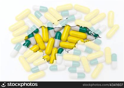 Outline honduras map with transparent background of capsules symbolizing pharmacy and medicine