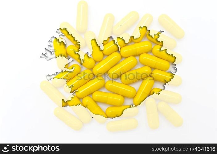 Outline iceland map with transparent background of capsules symbolizing pharmacy and medicine