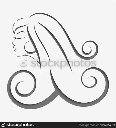 Outline illustration of young woman with long curly hair cut out of paper with realistic shadow&#xA;