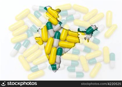 Outline india map with transparent background of capsules symbolizing pharmacy and medicine