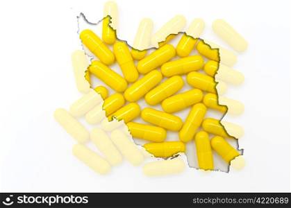 Outline iran map with transparent background of capsules symbolizing pharmacy and medicine