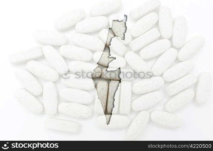 Outline israel map with transparent background of capsules symbolizing pharmacy and medicine