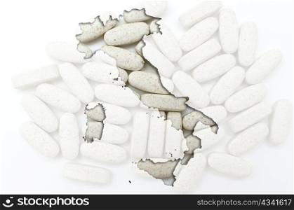 Outline italy map with transparent background of capsules symbolizing pharmacy and medicine