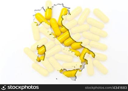 Outline italy map with transparent background of capsules symbolizing pharmacy and medicine