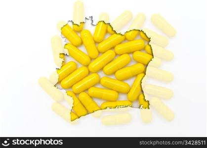 Outline ivory coast map with transparent background of capsules symbolizing pharmacy and medicine
