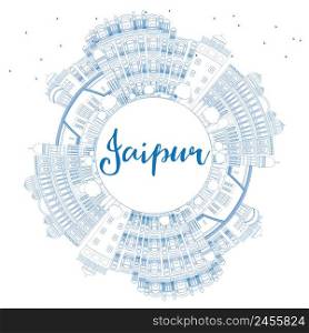 Outline Jaipur Skyline with Blue Landmarks and Copy Space. Vector Illustration. Business Travel and Tourism Concept with Historic Buildings. Image for Presentation Banner Placard and Web Site.