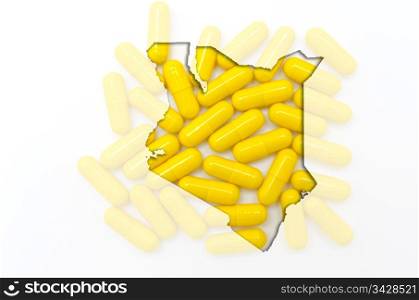 Outline kenya map with transparent background of capsules symbolizing pharmacy and medicine