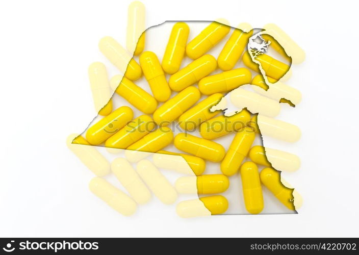 Outline kuwait map with transparent background of capsules symbolizing pharmacy and medicine