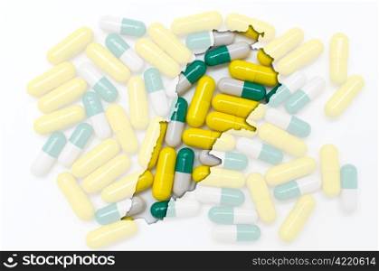 Outline lebanon map with transparent background of capsules symbolizing pharmacy and medicine