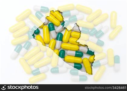 Outline liberia map with transparent background of capsules symbolizing pharmacy and medicine