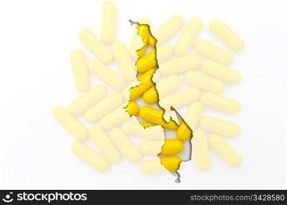 Outline malawi map with transparent background of capsules symbolizing pharmacy and medicine