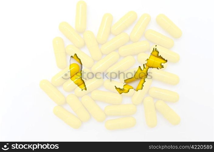Outline malaysia map with transparent background of capsules symbolizing pharmacy and medicine