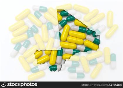 Outline mali map with transparent background of capsules symbolizing pharmacy and medicine