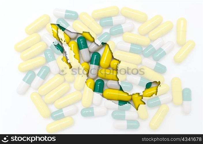 Outline mexico map with transparent background of capsules symbolizing pharmacy and medicine