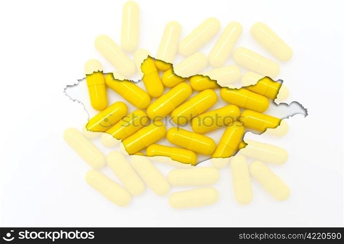 Outline mongolia map with transparent background of capsules symbolizing pharmacy and medicine